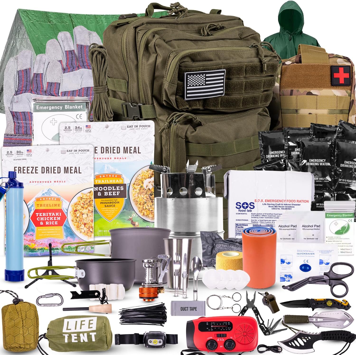 72 Hour Survival Kit Emergency Bug Out Bag with First Aid Water Filter Food and Tools 45L Tactical Backpack