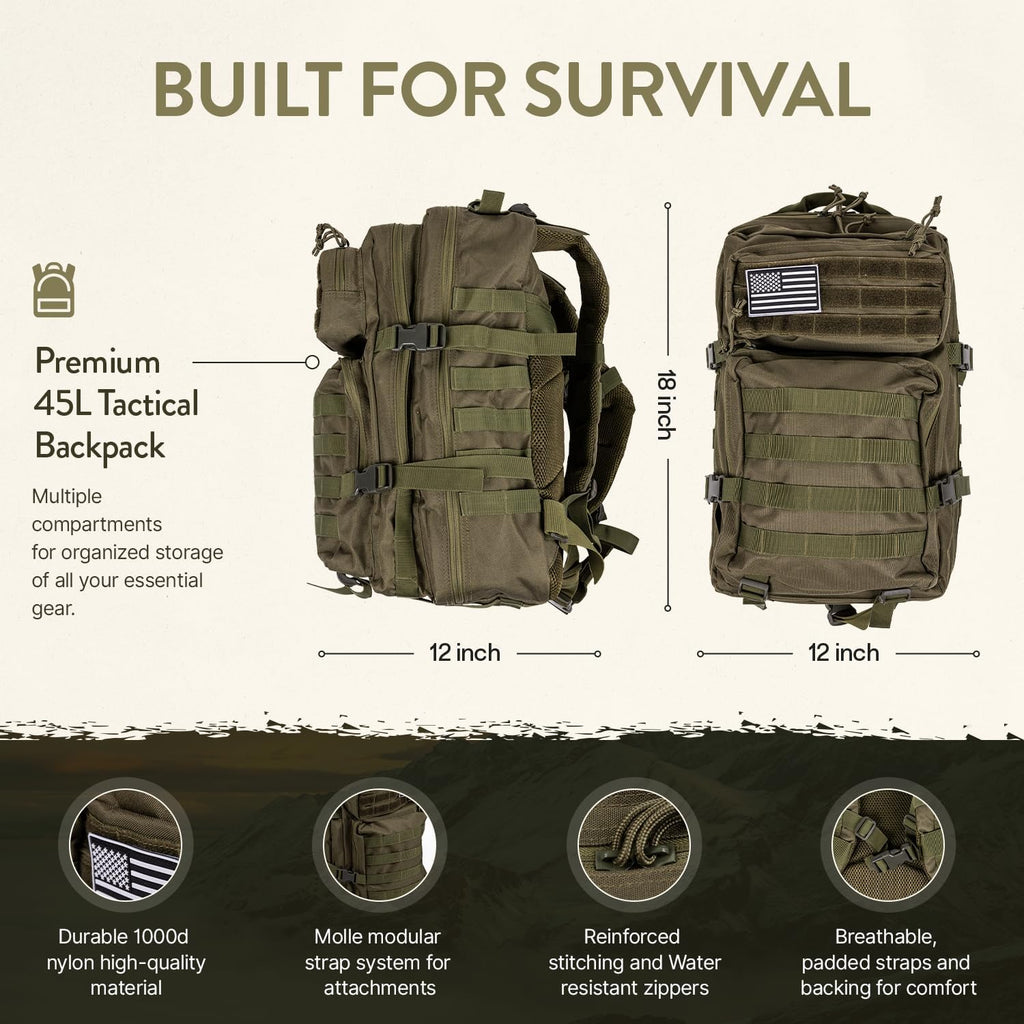 72 Hour Survival Kit Emergency Bug Out Bag with First Aid Water Filter Food and Tools 45L Tactical Backpack
