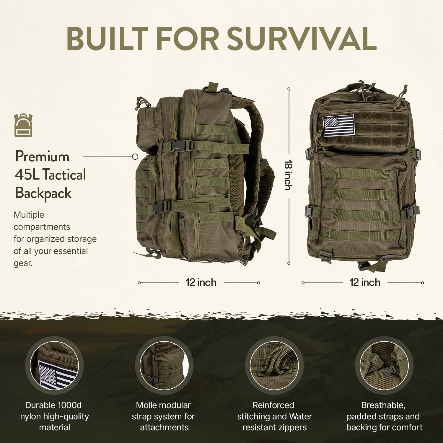 72 Hour Survival Kit Emergency Bug Out Bag with First Aid Water Filter Food and Tools 45L Tactical Backpack