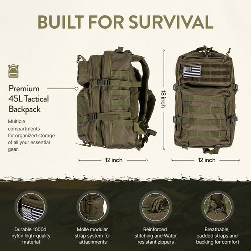 72 Hour Survival Kit Emergency Bug Out Bag with First Aid Water Filter Food and Tools 45L Tactical Backpack