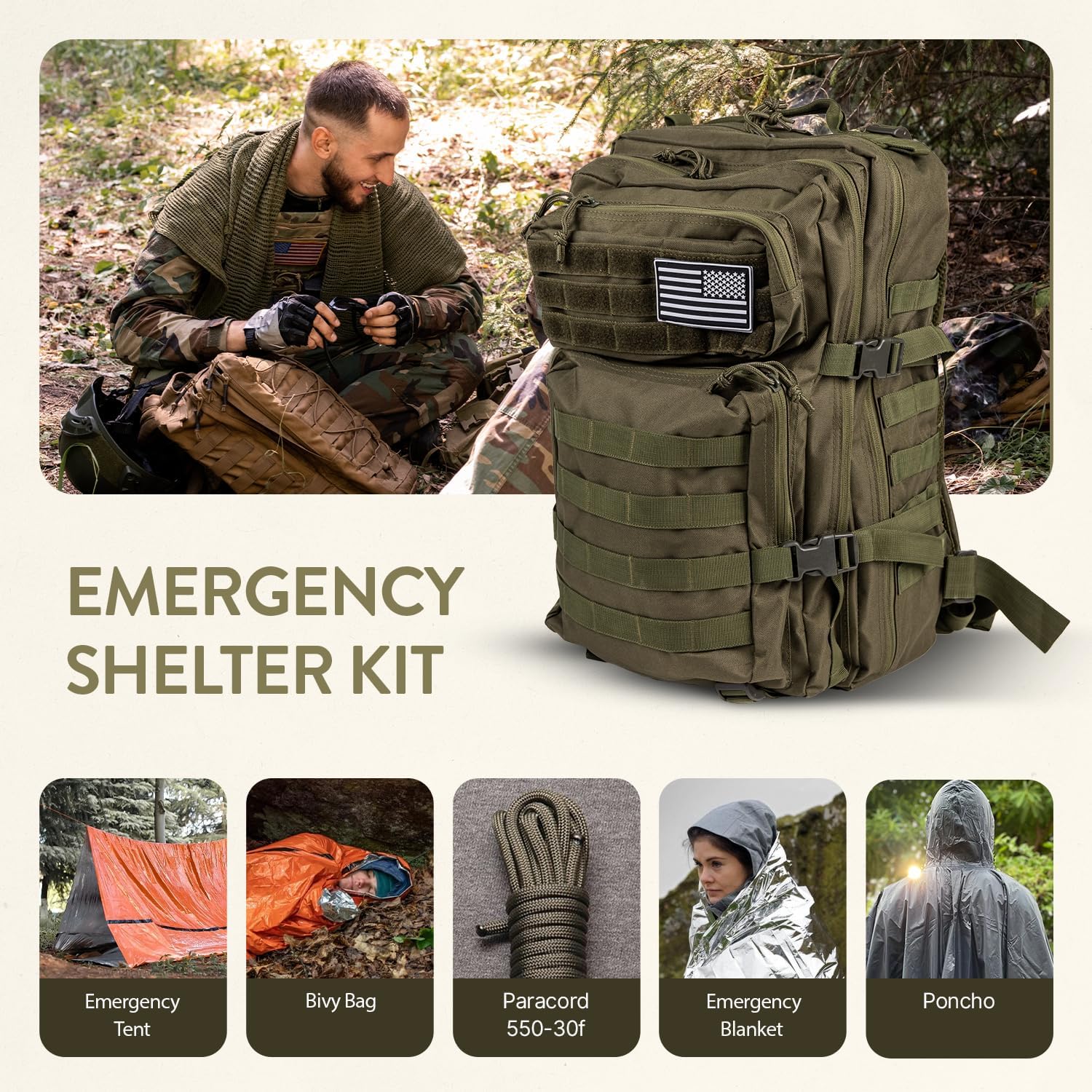 72 Hour Survival Kit Emergency Bug Out Bag with First Aid Water Filter Food and Tools 45L Tactical Backpack