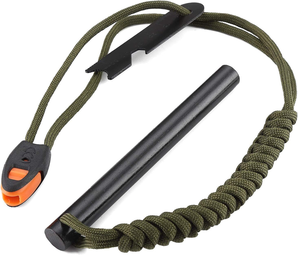 FOSTAR 5 Inch Emergency Weatherproof Flint Ferrocerium Rod Fire Starter with Whistle Multitool Striker and Paracord Lanyard