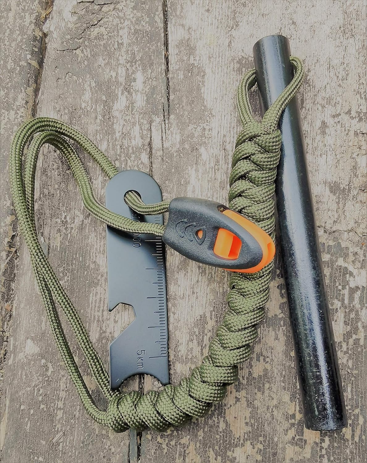 FOSTAR 5 Inch Emergency Weatherproof Flint Ferrocerium Rod Fire Starter with Whistle Multitool Striker and Paracord Lanyard