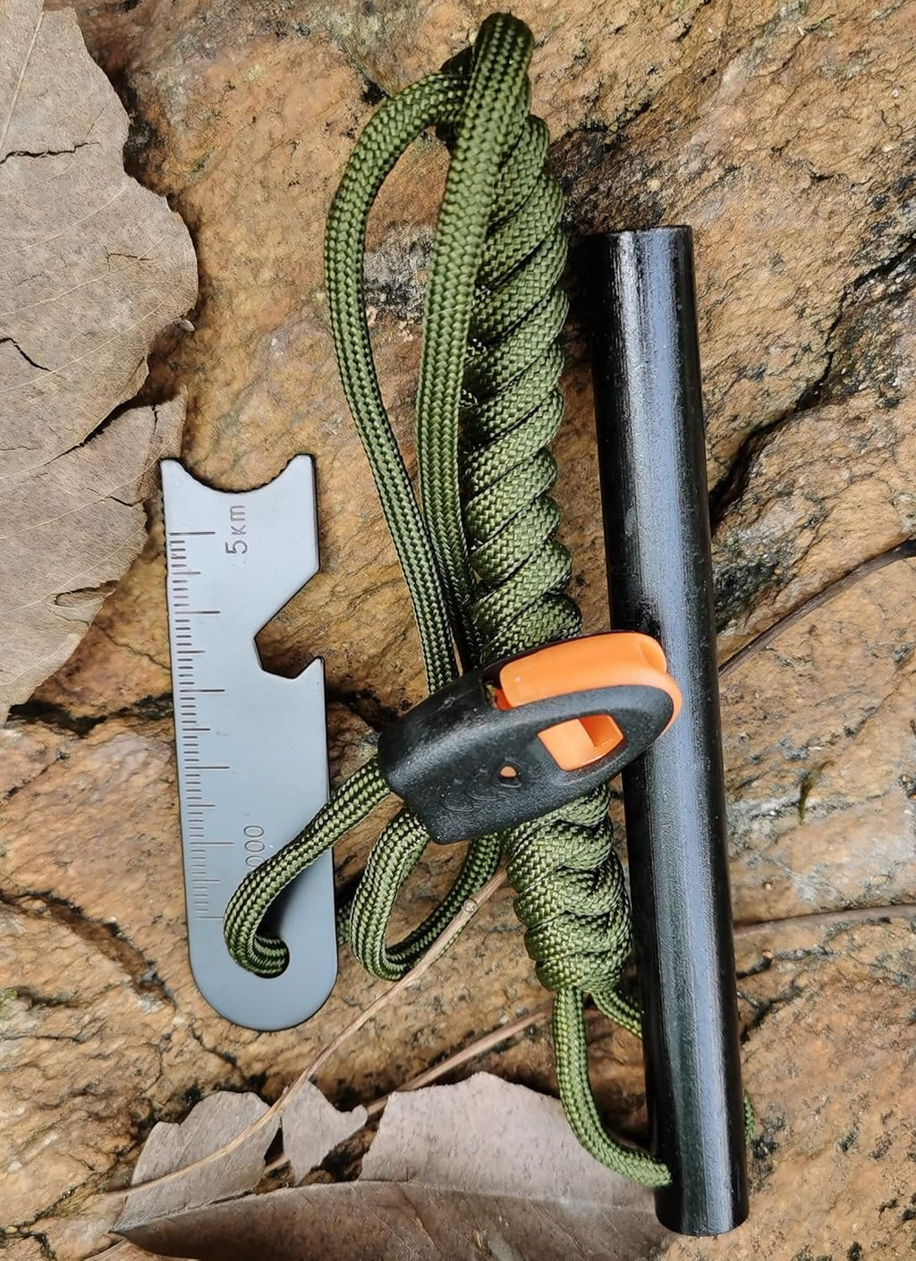 FOSTAR 5 Inch Emergency Weatherproof Flint Ferrocerium Rod Fire Starter with Whistle Multitool Striker and Paracord Lanyard