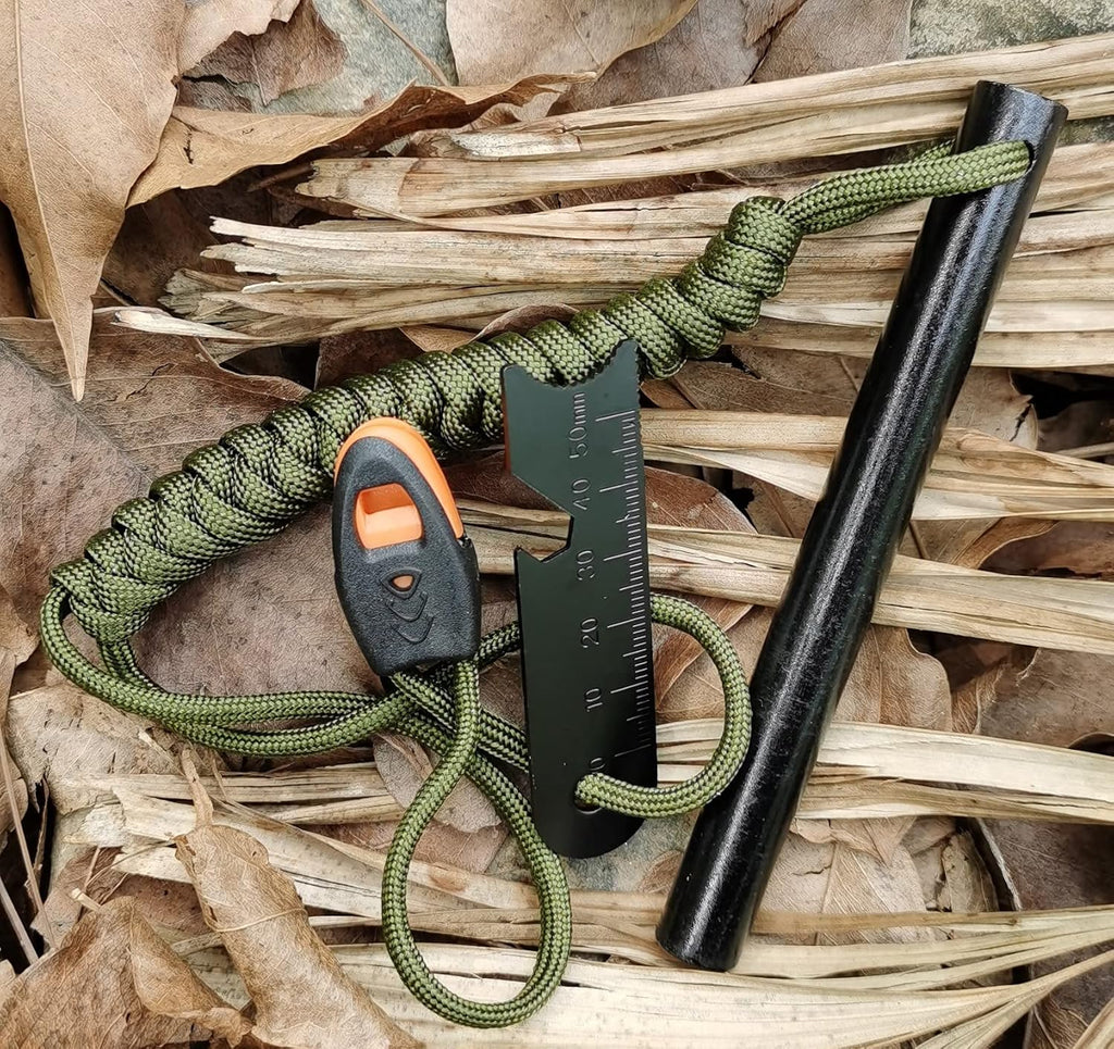 FOSTAR 5 Inch Emergency Weatherproof Flint Ferrocerium Rod Fire Starter with Whistle Multitool Striker and Paracord Lanyard