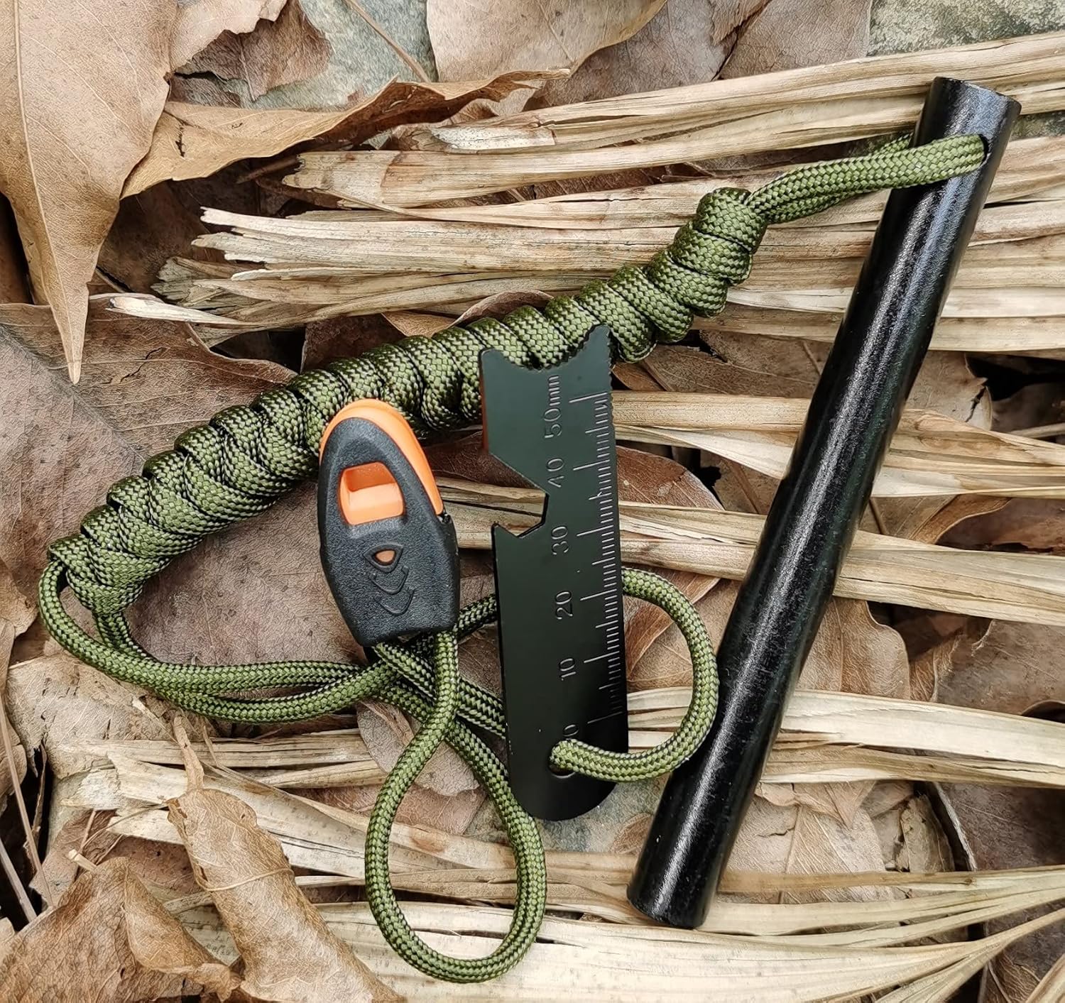 FOSTAR 5 Inch Emergency Weatherproof Flint Ferrocerium Rod Fire Starter with Whistle Multitool Striker and Paracord Lanyard