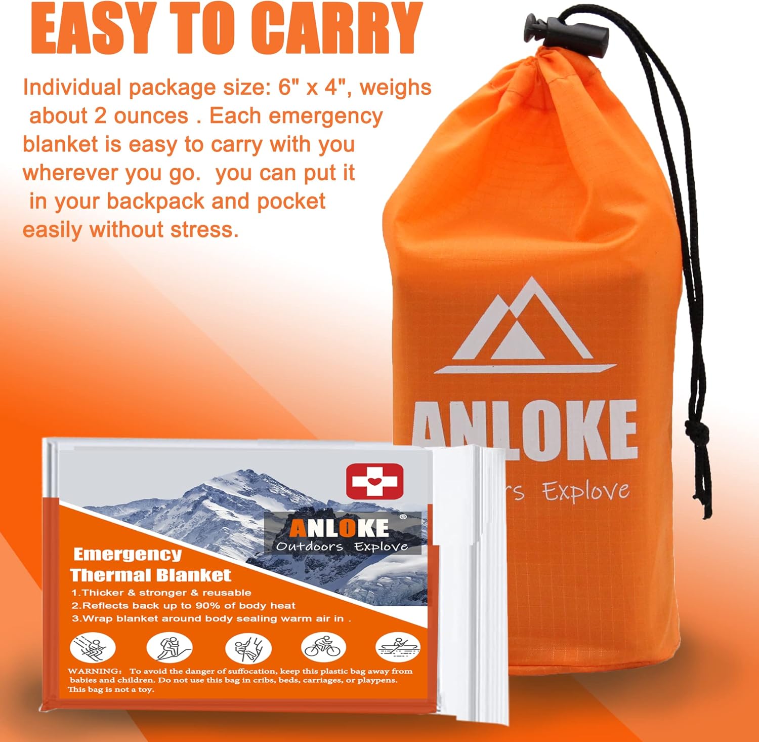 Emergency Mylar Thermal Blankets 4 Pack Heavy Duty Survival Space Blankets 82 x 52 Inches Silver and Orange