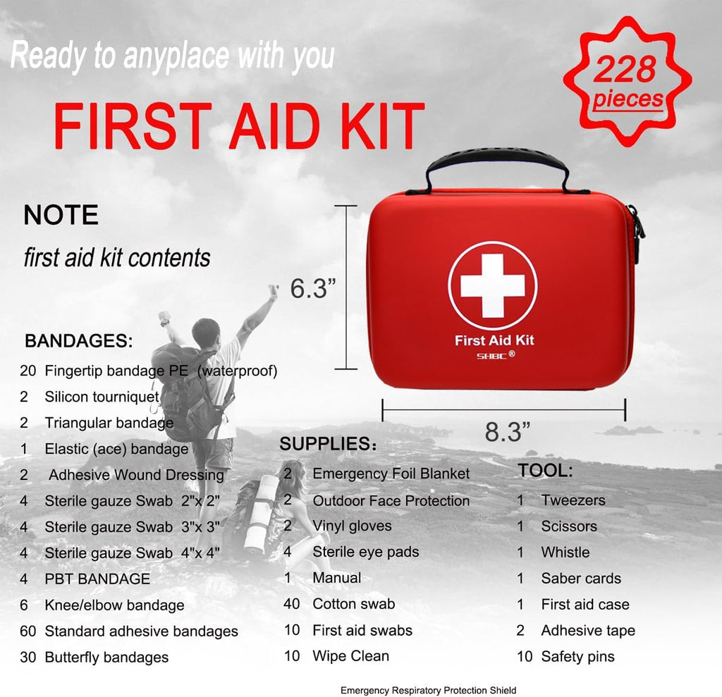 Compact First Aid Kit 228 Piece Waterproof EVA Case for Home Car Camping and Emergency Care