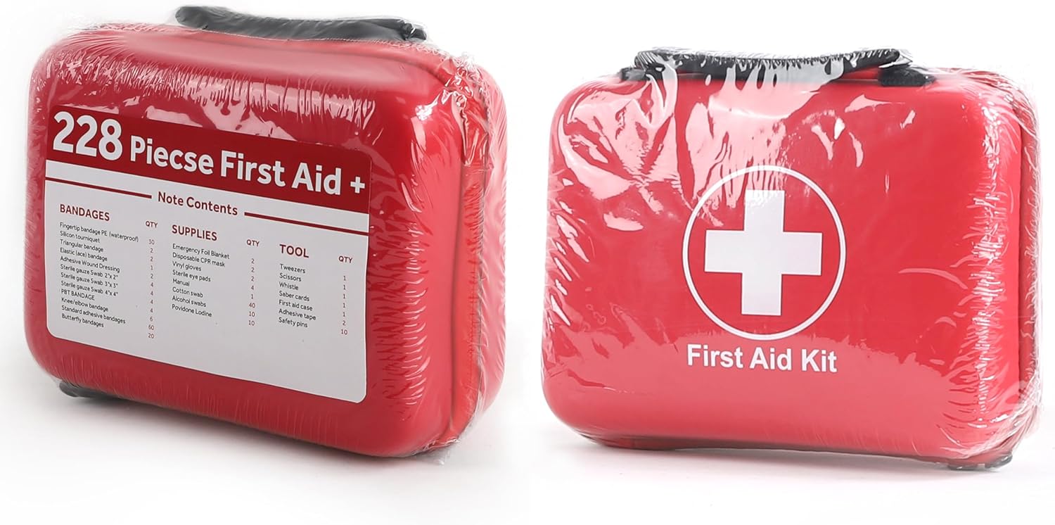Compact First Aid Kit 228 Piece Waterproof EVA Case for Home Car Camping and Emergency Care