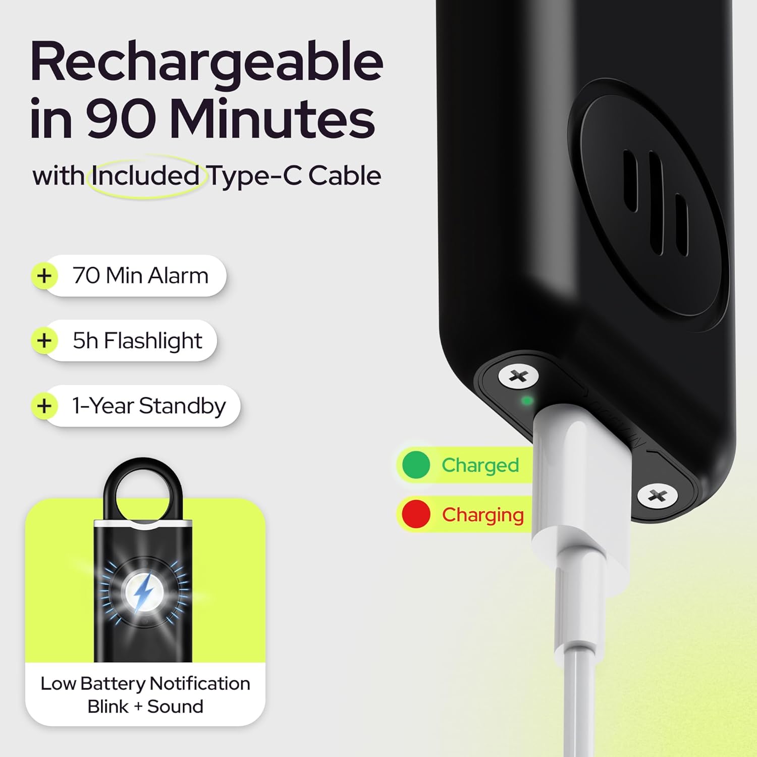 Weten Personal Safety Alarm 130dB Panic Siren Keychain with LED Light Carabiner and USB C Charging