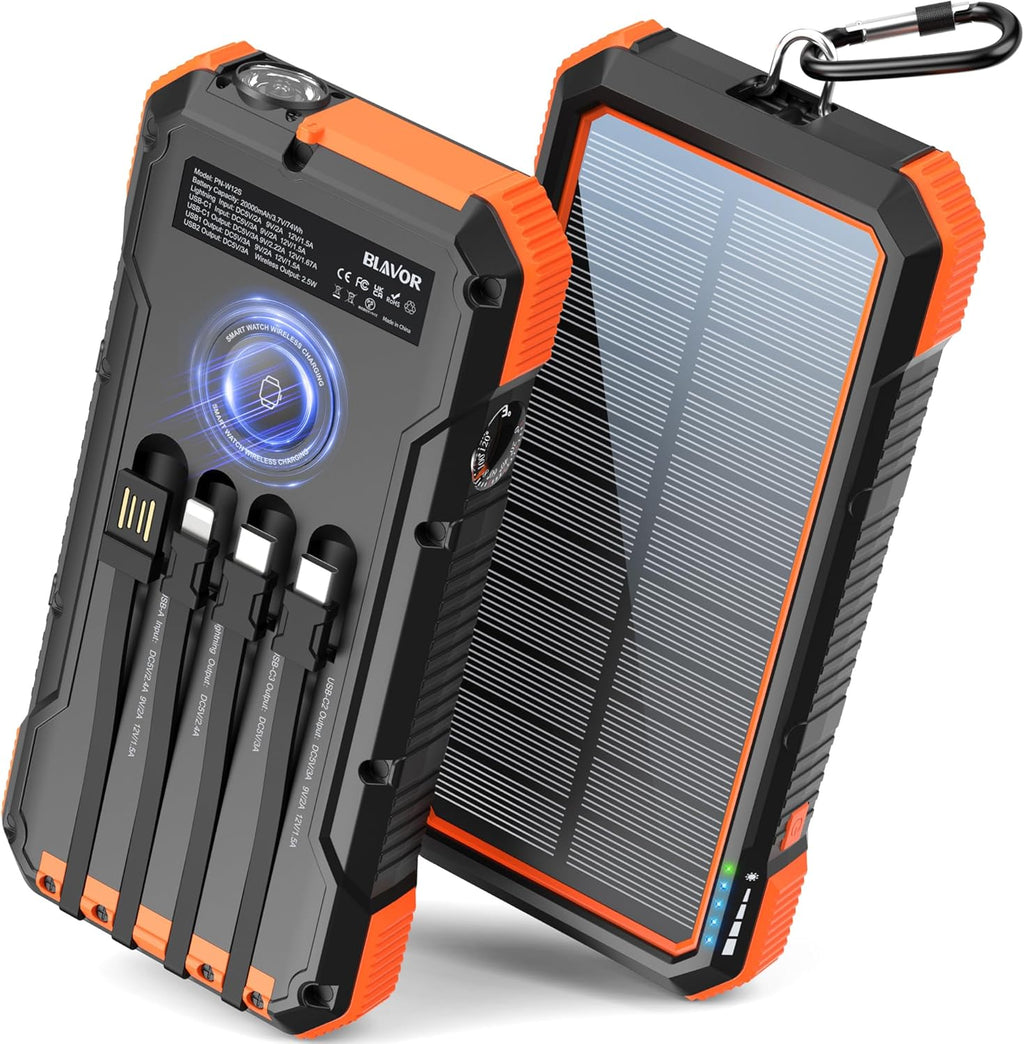 BLAVOR Solar Power Bank 20000mAh Fast Charging Portable Charger with Built in Cables Wireless Charging and Flashlight